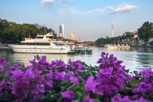 Guangzhou, China - September 28, 2018: a boat on the zhujiang river in guangzhou city.